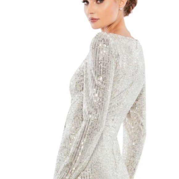 MAC DUGGAL 26395 SEQUIN FAUX WRAP SILVER EVENING GOWN sz 10 - Picture 4 of 8